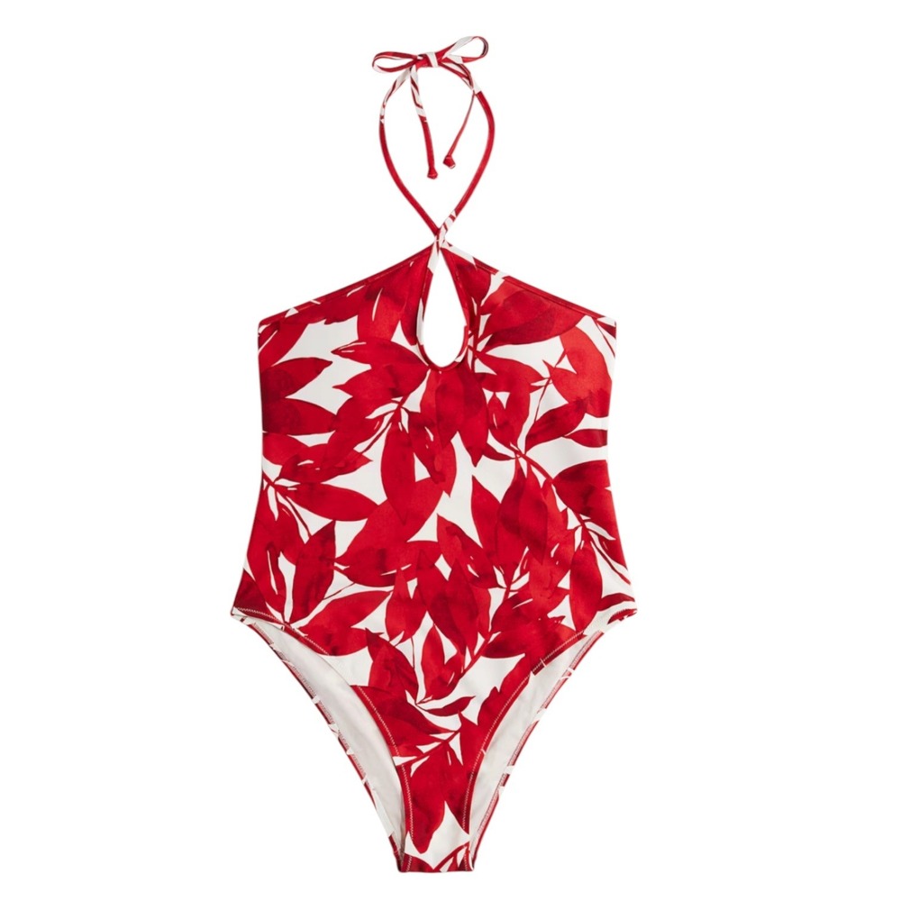 HM Red White Tropical Leaf Halter‎ One Piece Padded Swimsuit Women's Large NWT
